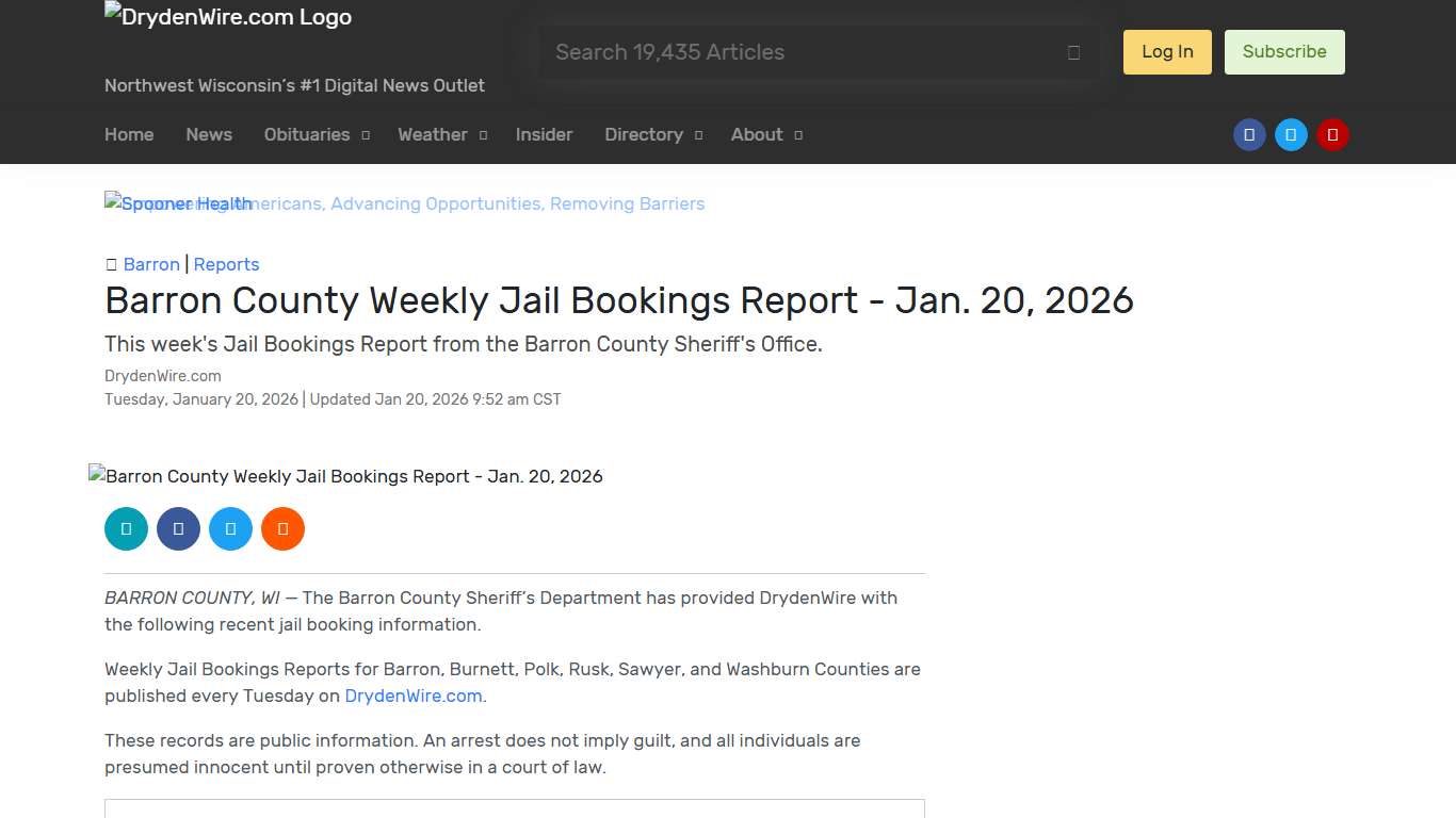Barron County Weekly Jail Bookings Report - Jan. 20, 2026 | Recent News | DrydenWire.com